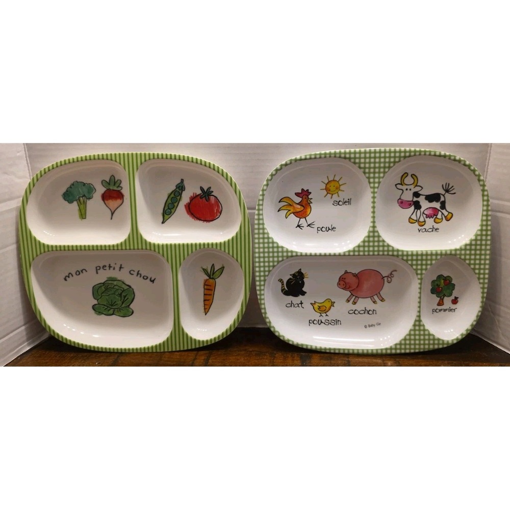 Williams Sonoma Baby Cie Melamine Divided Toddler Plates 2 Farm Animals Veggies